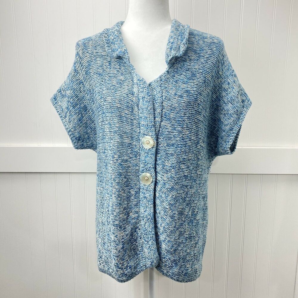 J Jill Cardigan Womens Large Blue Short Sleeve Knit Sweater Layer Big Buttons